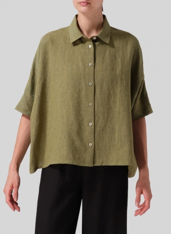 Pale Olive Linen Boxy Sleeves Shirt Set