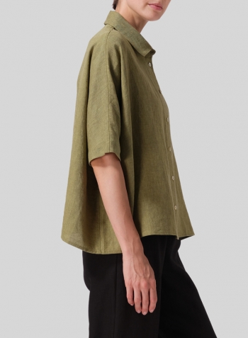 Pale Olive Linen Boxy Sleeves Shirt Set