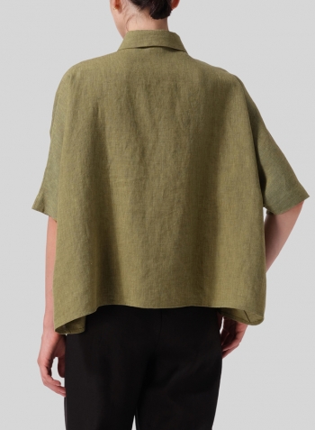 Pale Olive Linen Boxy Sleeves Shirt Set