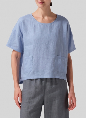 Sky Blue Linen Half Sleeve Boxy Top