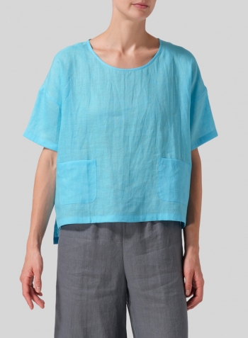 Light Sky Blue Linen Half Sleeve Boxy Top