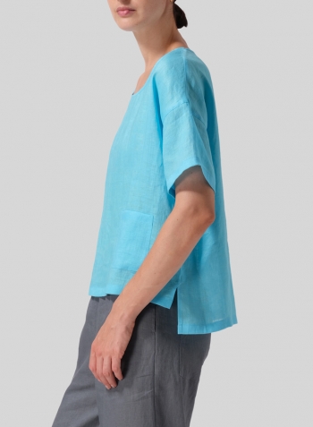 Light Sky Blue Linen Half Sleeve Boxy Top