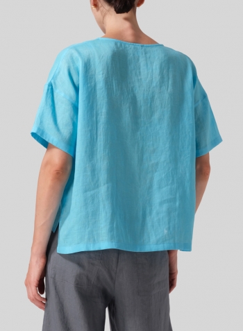 Light Sky Blue Linen Half Sleeve Boxy Top