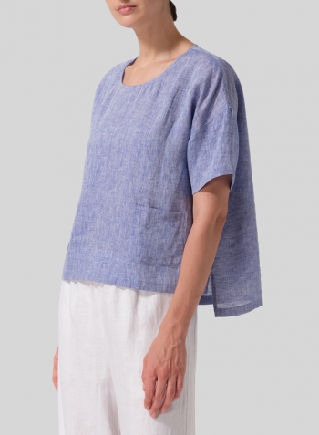 Blue Linen Half Sleeve Boxy Top