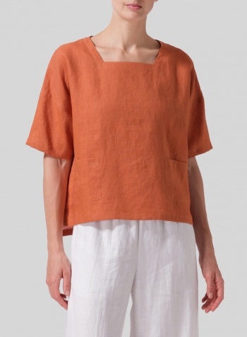 Sun Orange Linen Square Neck Top