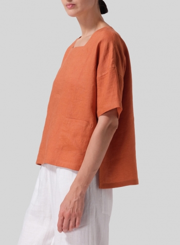 Sun Orange Linen Square Neck Top