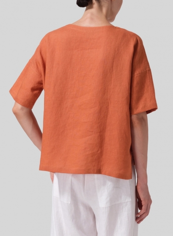 Sun Orange Linen Square Neck Top