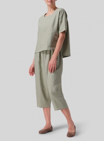 Moss Green Linen Square Neck Top Set