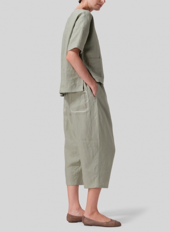 Moss Green Linen Square Neck Top Set
