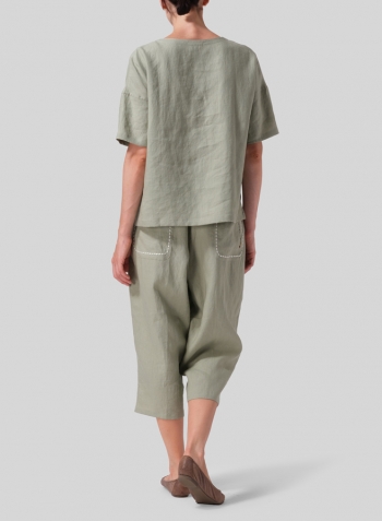 Moss Green Linen Square Neck Top Set