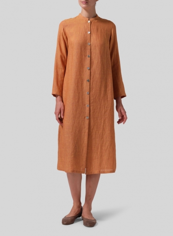 Golden Brown Linen Long Slim Shirt Dress