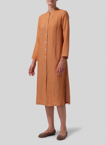 Golden Brown Linen Long Slim Shirt Dress