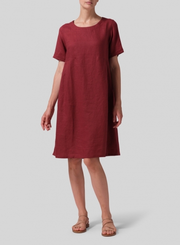 Burgundy  Linen Boat Neck Short Sleeve Dress