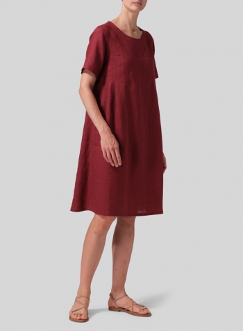 Burgundy  Linen Boat Neck Short Sleeve Dress