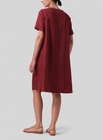 Burgundy  Linen Boat Neck Short Sleeve Dress