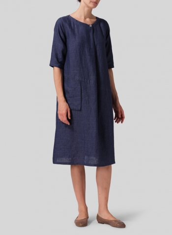 Denim Linen Long Center Pleated Dress