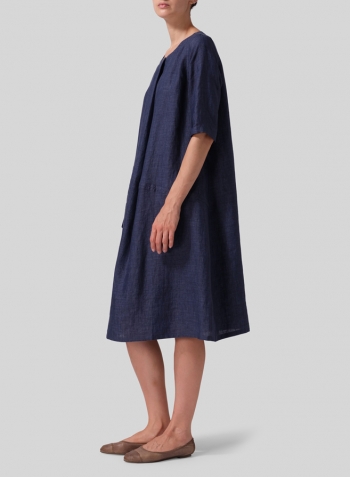 Denim Linen Long Center Pleated Dress