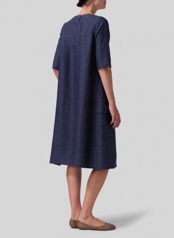 Denim Linen Long Center Pleated Dress