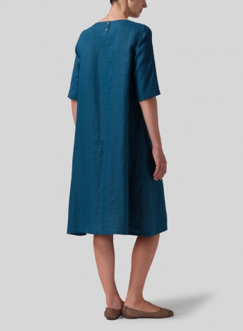 Peacock Blue Linen Long Center Pleated Dress