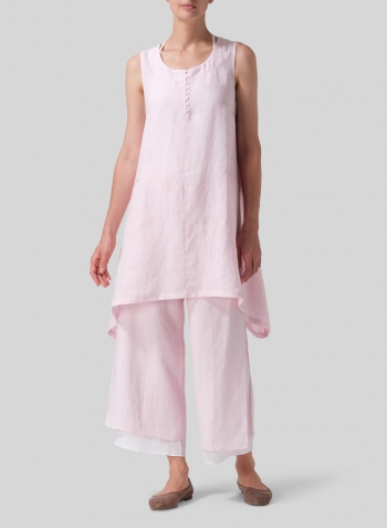 Pink Linen Sleeveless Asymmetric Hem Tunic Set