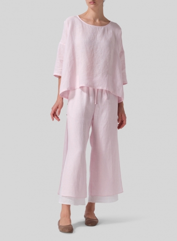 Pink Linen Dropped Shoulder Top Set