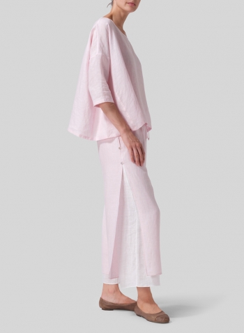 Pink Linen Dropped Shoulder Top Set