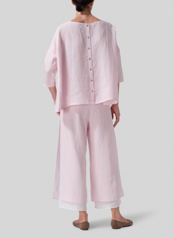 Pink Linen Dropped Shoulder Top Set