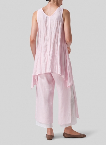Pink Linen Sleeveless V-Neck A-shape Top Set
