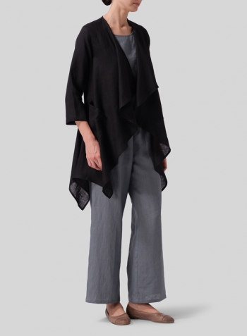 Black Linen Waterfall Open Jacket