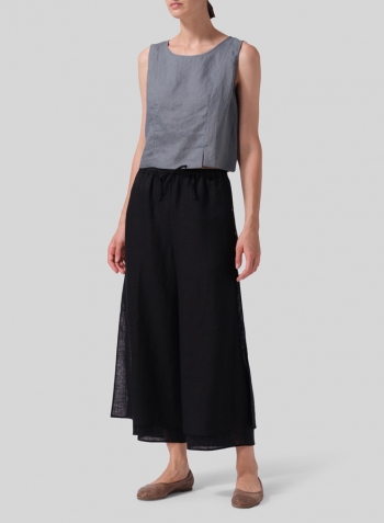 Black Linen Double-Layer Cropped Pants