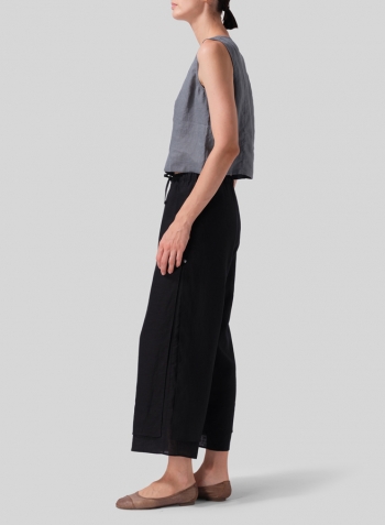 Black Linen Double-Layer Cropped Pants