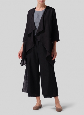 Black Linen Waterfall Open Jacket Set