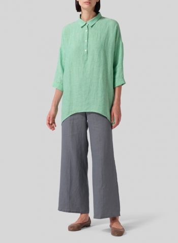 Two Tone Yellow Green Linen Oversized Straight-Cut Shirt