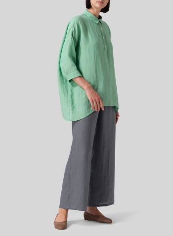 Two Tone Yellow Green Linen Oversized Straight-Cut Shirt