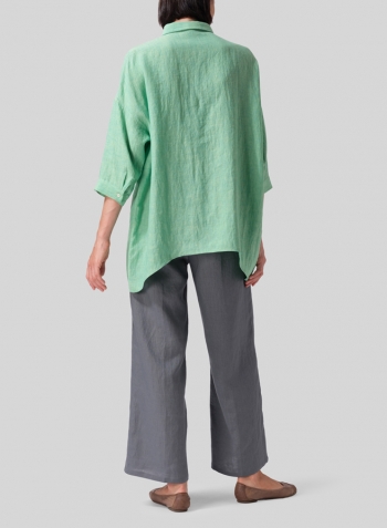 Two Tone Yellow Green Linen Oversized Straight-Cut Shirt