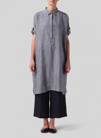 Two Tone Navy White Linen Oversized Monk Tunic