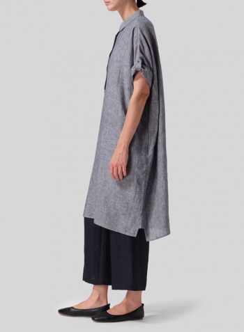 Two Tone Navy White Linen Oversized Monk Tunic