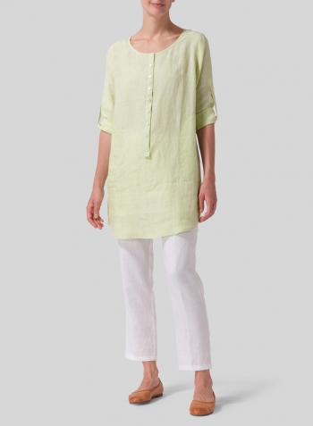 Lime Linen Half Button Long Top