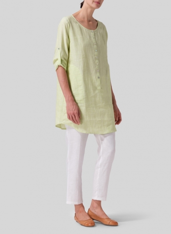 Lime Linen Half Button Long Top