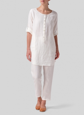 Off White Linen Half Button Long Top