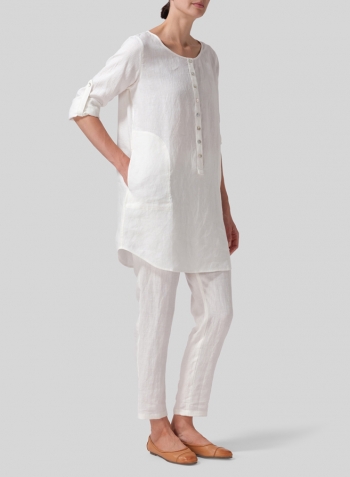 Off White Linen Half Button Long Top