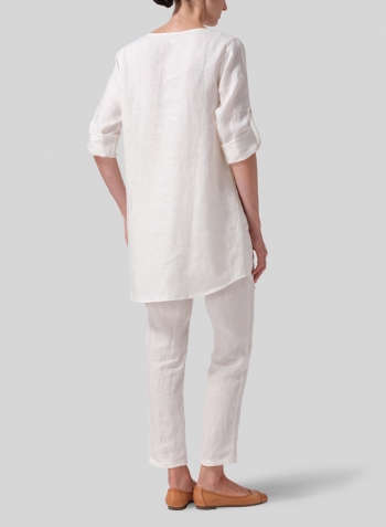 Off White Linen Half Button Long Top