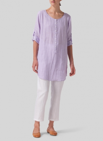 Pastel Mauve Linen Half Button Long Top