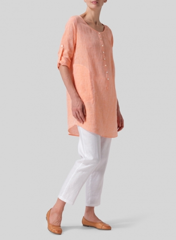 Sun Orange Linen Half Button Long Top