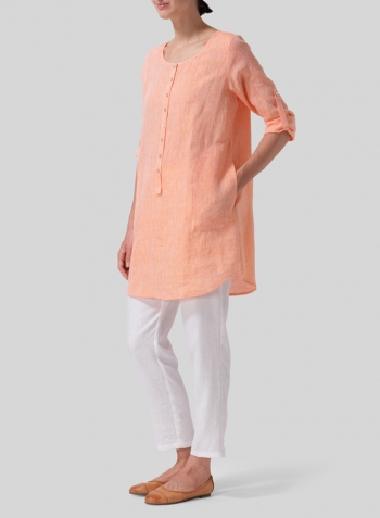 Sun Orange Linen Half Button Long Top