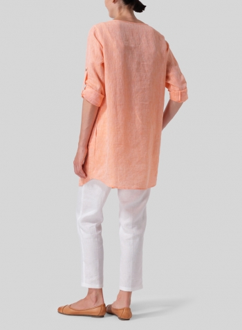 Sun Orange Linen Half Button Long Top