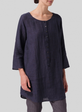 Dark Denim Linen Half Button Long Top