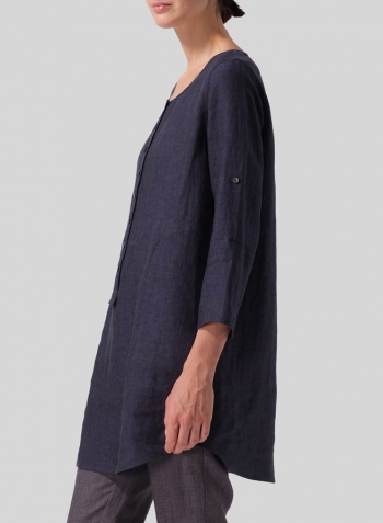 Dark Denim Linen Half Button Long Top