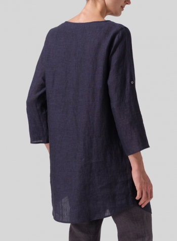 Dark Denim Linen Half Button Long Top