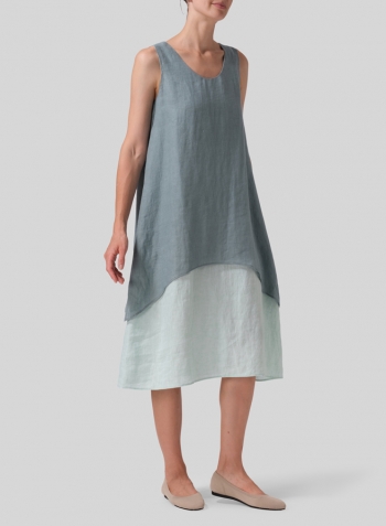 Green Gray Linen Double Layer Sleeveless Tunic Dress